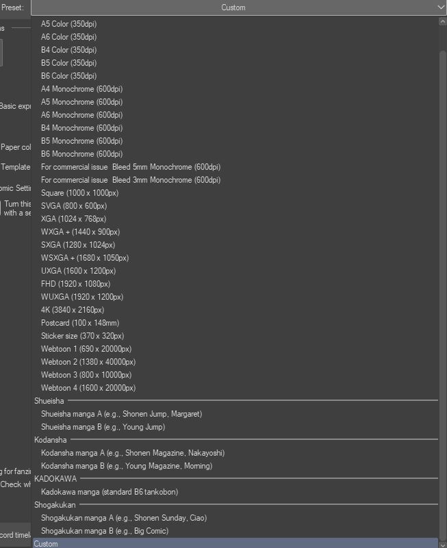Different Dimensions and Presets for Comics